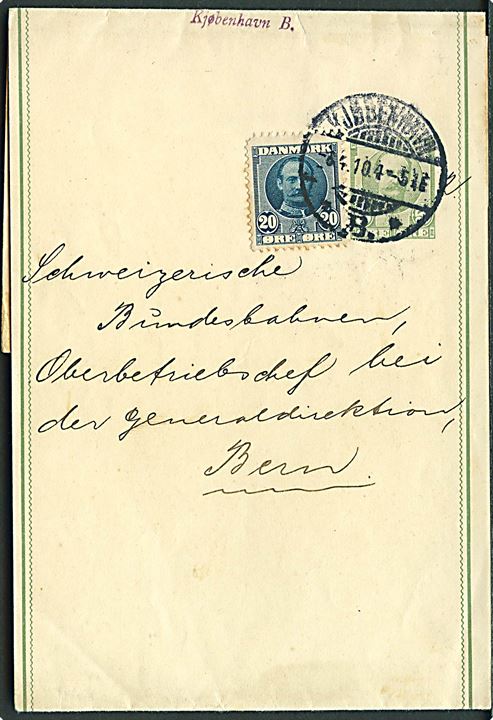 5 øre Fr. VIII helsags korsbånd opfrankeret med 20 øre Fr. VIII og sendt som 5. vægtkl. tryksag fra Kjøbenhavn d. 6.4.1910 til Bern, Schweiz.