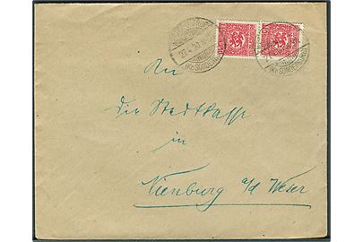 10 pfg. Fælles udg. i parstykke på brev stemplet Wester-Satrup (Kr. Sonderburg) d. 27.4.1920 til Nienburg a/d Weser.