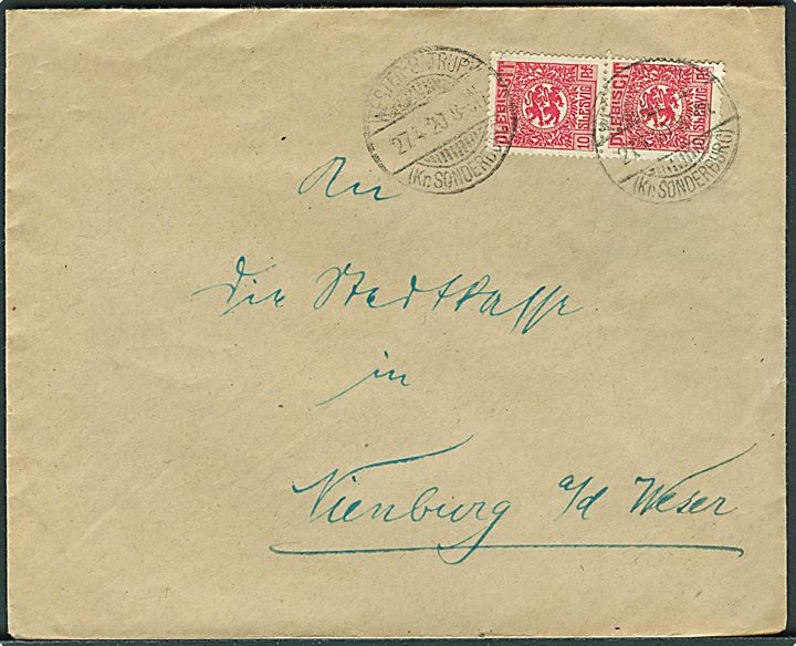 10 pfg. Fælles udg. i parstykke på brev stemplet Wester-Satrup (Kr. Sonderburg) d. 27.4.1920 til Nienburg a/d Weser.
