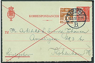 15 øre Karavel helsags korrespondancekort (fabr. 59-H) opfrankeret med 10 øre Bølgelinie sendt som søndagsbrev fra Randers B. d. 12.3.1932 til København.