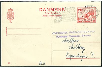 20 øre Kæmpehøj svardel af dobbelt helsagsbrevkort (fabr. 121) annulleret med tysk stempel i Hamburg d. 11.8.1938 til Aalborg. Lodret fold.