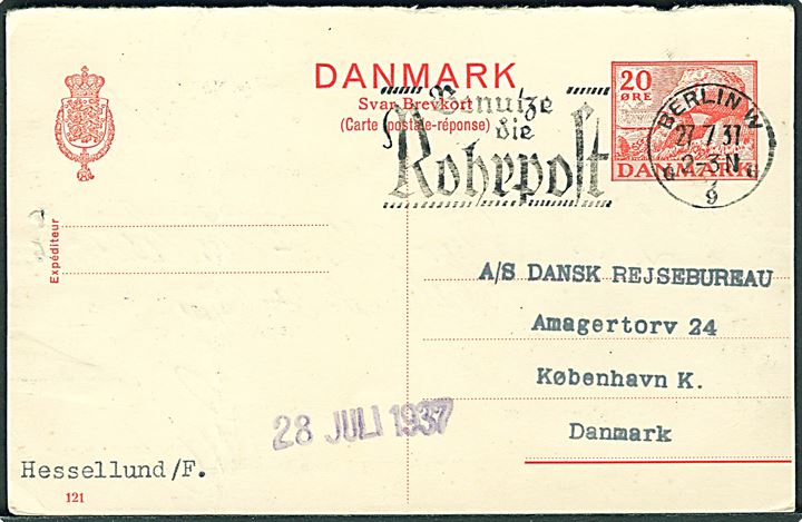 20 øre Kæmpehøj svardel af dobbelt helsagsbrevkort (fabr. 121)  annulleret med tysk stempel i Berlin d. 27.7.1937 til København. Lodret fold.