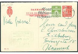 15+5 øre provisorisk svardel af dobbelt helsagsbrevkort (fabr. 83-Y) annulleret med tysk TMS Saar Abstimmung 13. Januar 1935/Bremen d. 3.1.1935 til Silkeborg, Danmark.