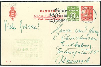 15+5 øre provisorisk svardel af dobbelt helsagsbrevkort (fabr. 83-Y) annulleret med tysk TMS Saar Abstimmung 13. Januar 1935/Bremen d. 3.1.1935 til Silkeborg, Danmark.