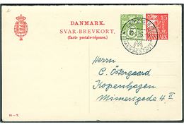 15+5 øre provisorisk svardel af dobbelt helsagsbrevkort (fabr. 83-Y) annulleret med tysk stempel i Leipzig d. 16.4.1936 til København, Danmark.