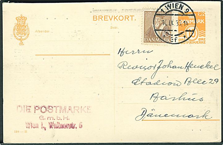 10 øre Bølgelinie svardel af dobbelt helsagsbrevkort (fabr. 110-H) opfrankeret med 10 øre Tavsen og annulleret med østrigsk stempel i Wien d. 10.9.1936 til Aarhus, Danmark.