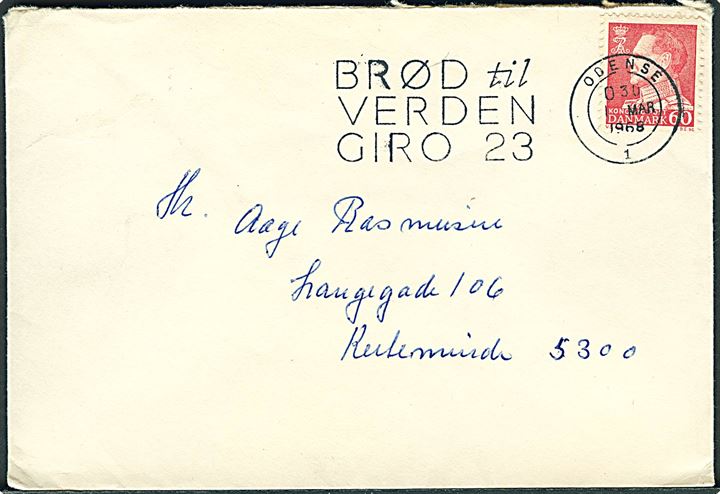 60 øre Fr. IX på brev annulleret med TMS Brød til Verden Giro 23 / Odense 1. d. 1.3.1968 til Kerteminde.