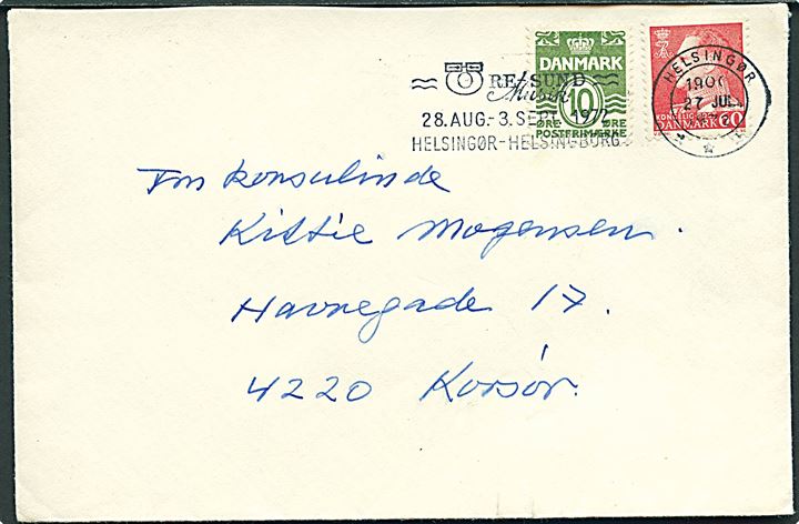 10 øre Bølgelinie og 60 øre Fr. IX på brev annulleret med TMS Öre-sund Musik 28. Aug.-3. Sept. 1972 Helsingør - Helsingborg / Helsingør *** d. 27.7.1972 til Korsør.
