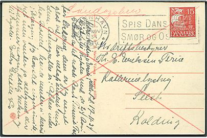 15 øre helsagsafklip anvendt som frankering på søndagsbrevkort fra København d. 17.11.1934 til Seest pr. Kolding.