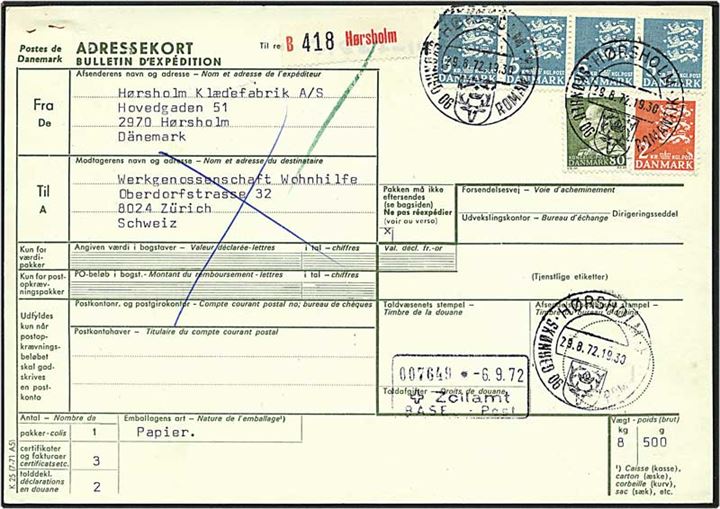 22,80 kr. porto på internationalt adressekort fra Hørsholm d. 29.8.1972 til Zürich, Schweiz. Hørsholm særstempel.