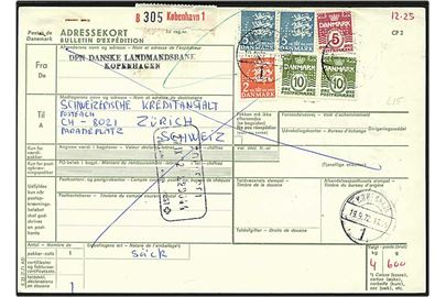 12,25 kr. porto på internationalt adressekort fra København d. 19.9.1972 til Zürich, Schweiz. Mærkerne med perfin L17 - Den danske Landmandsbank.