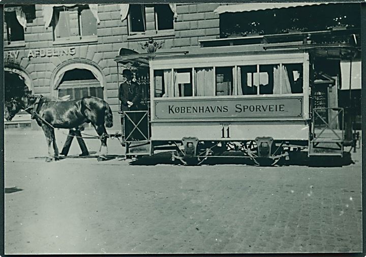 Hestetrukket sporvogn linie 11 i København. Foto, ældre reproduktion. (12,5x9 cm.).