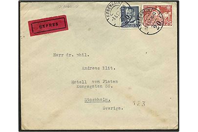 25 øre brunrød frimærkejubilæum samt 50 øre mørkeblå Fr. IX på expres brev fra København d. 3.6.1952 til Stockholm, Sverige. (Bagklap mangler).