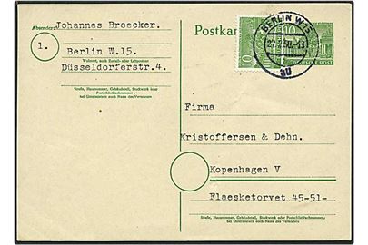 10 pfennig grøn enkeltbrevkort opfrankeret med 10 pfennig grøn fra Berlin, Tyskland, d. 27.2 1950 til København.