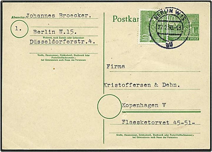 10 pfennig grøn enkeltbrevkort opfrankeret med 10 pfennig grøn fra Berlin, Tyskland, d. 27.2 1950 til København.