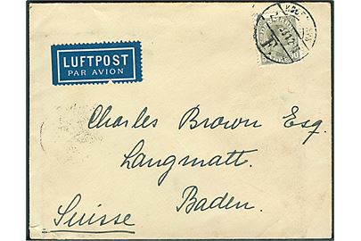 50 øre Chr. X single på luftpostbrev fra København d. 22.12.1933 via Zürich til Baden, Schweiz.