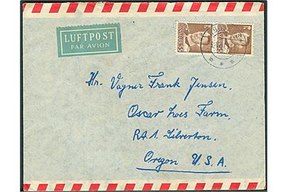 55 øre Fr. IX i parstykke på 1,10 kr. frankeret luftpostbrev fra Horsens d. 9.4.1951 til Silverton, Oregon, USA.