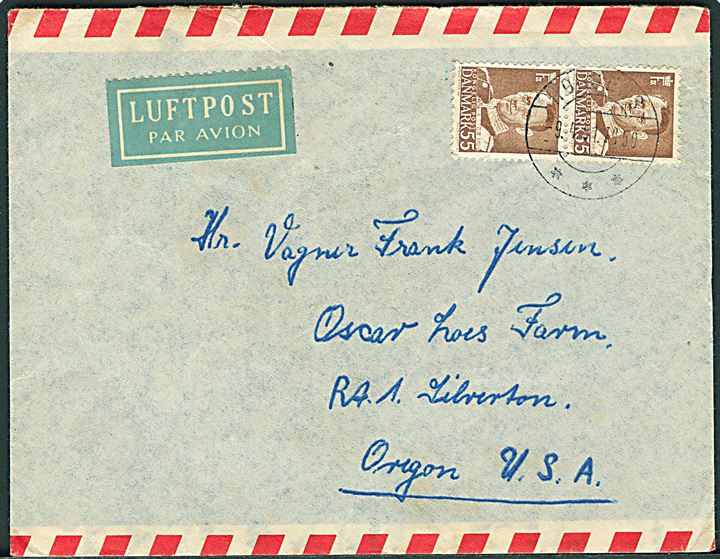 55 øre Fr. IX i parstykke på 1,10 kr. frankeret luftpostbrev fra Horsens d. 9.4.1951 til Silverton, Oregon, USA.