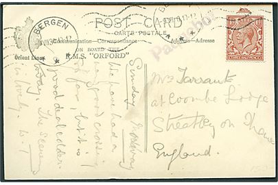 1½d George V på brevkort (Orient Line S/S Orford) annulleret med norsk stempel Bergen d. 9.7.1930 og sidestemplet Paquebot til England.