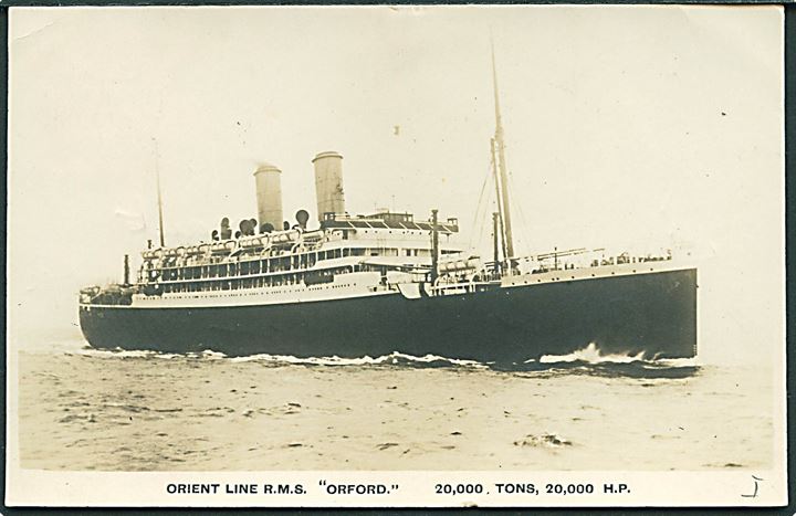 1½d George V på brevkort (Orient Line S/S Orford) annulleret med norsk stempel Bergen d. 9.7.1930 og sidestemplet Paquebot til England.