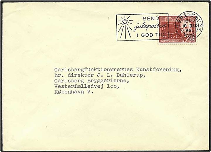 35 øre rødbrun Niels Bohr, grønlandsk mærke, på lokalt sendt brev fra København d. 10.12.1965.