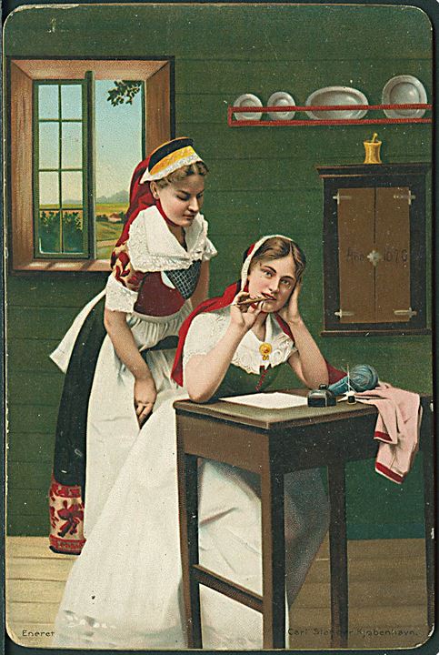 Pige skriver brev. Stenders u/no. (9,5x14 cm.).