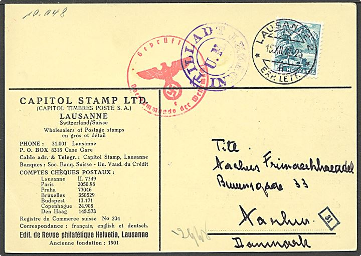 5 cent på tryksagskort fra Lausanne, Schweiz d. 15.12. 1942 til Aarhus. Sidestempel Tilladt indført - U. M., tryksags censur. Godt stempel!