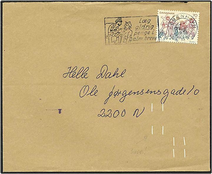 70 øre brunrød/blågrøn/gul kalkmaleri på lokalt brev fra København d. 28.4.1974.