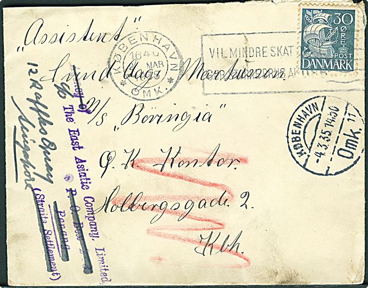 30 øre Karavel på brev fra København d. 2.3.1935 til sømand ombord på M/S Boringia via rederiet ØK i København - eftersendt til skibet i Penang og senere Singapore.