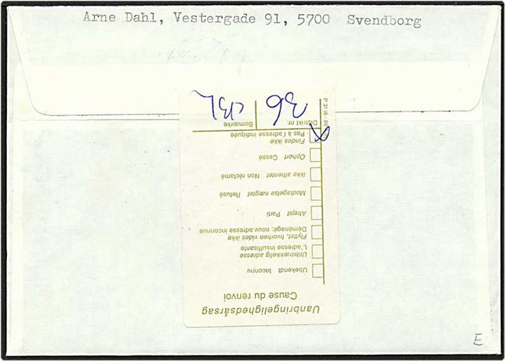 3 kr. brunrød Indre Mission på brev fra Svendborg d. 23.2.1988 til Esbjerg. Adressen findes ikke og brevet er returneret.