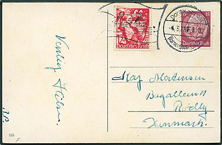 Tysk 12+8 pfg. Kulturfond og 15 pfg. Hindenburg på brevkort annulleret med dansk skibsstempel Dansk Søpost Warnbemünde-Gedser d. 3.7.1938 til Rødby, Danmark.