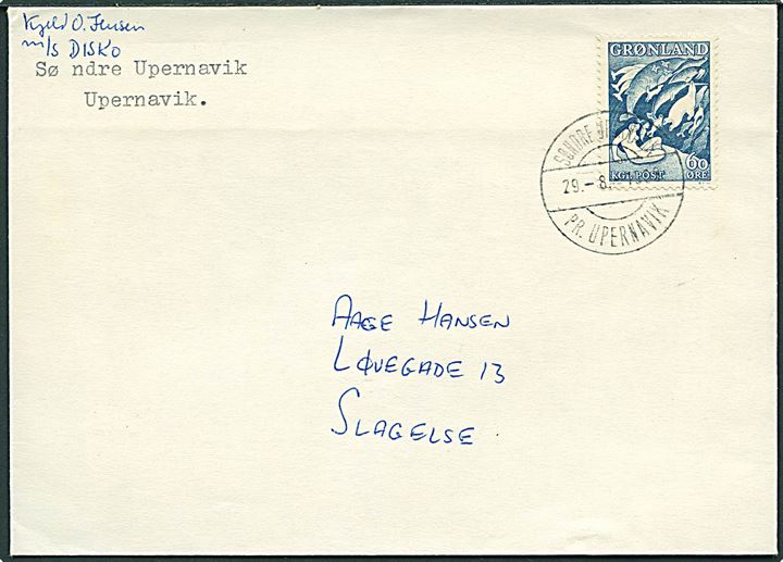 60 øre Havets Moder på brev sendt fra M/S Disko annulleret med pr.-stempel Sønder Upernavik pr. Upernavik d. 29.8.1968 til Slagelse.