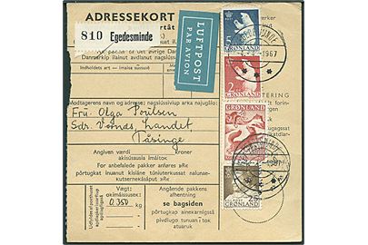 25 øre Fr. IX, 50 øre Drengen og Ræven, samt 2 kr. og 5 kr. Isbjørn på adressekort for luftpostpakke fra Egedesminde d. 4.4.1967 til Landet på Tåsinge.