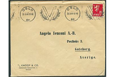 20 øre Løve på brev annulleret med maskinstempel Oslo V d. 25.8.1941 til Göteborg, Sverige. Åbnet af tysk censur i Oslo.