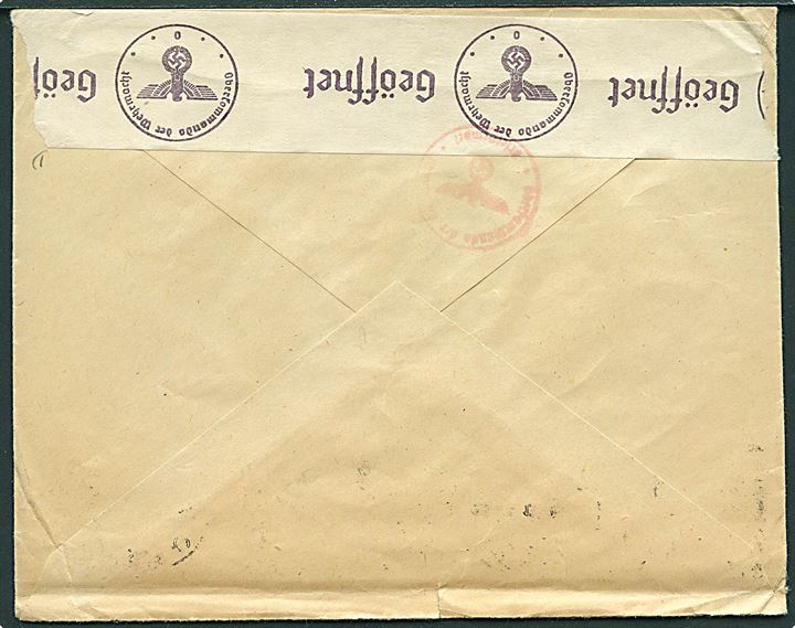 20 øre Løve på brev annulleret med maskinstempel Oslo V d. 25.8.1941 til Göteborg, Sverige. Åbnet af tysk censur i Oslo.