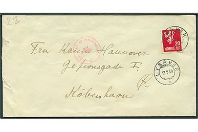 20 øre Løve på brev fra Lysaker d. 13.9.1940 til København, Danmark. Åbnet af tysk censur med neutral brun banderole og tidligt censurstempel.