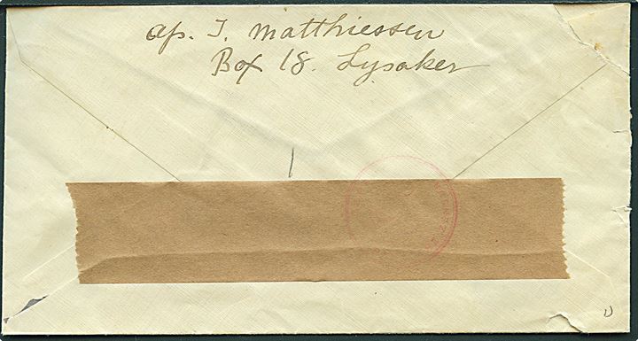 20 øre Løve på brev fra Lysaker d. 13.9.1940 til København, Danmark. Åbnet af tysk censur med neutral brun banderole og tidligt censurstempel.