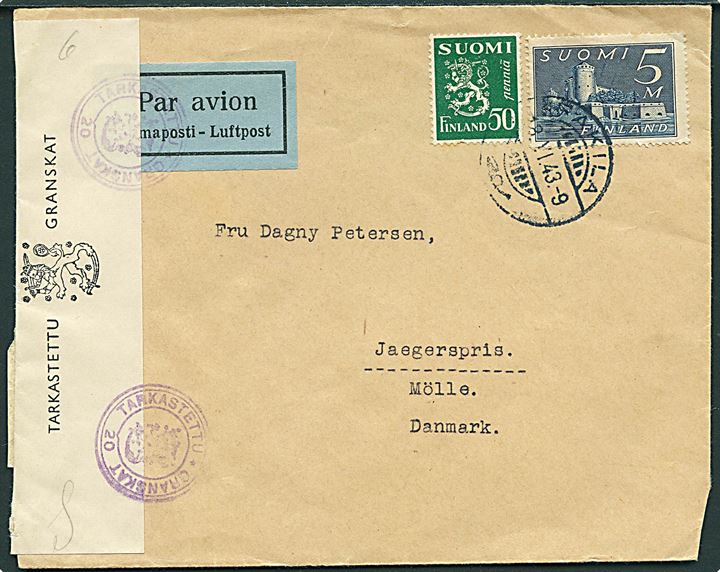 50 pen. Løve og 5 mk. på luftpostbrev fra Pakila d. 18.6.1943 til Jægerspris, Danmark. Åbnet af både finsk og dansk censur.
