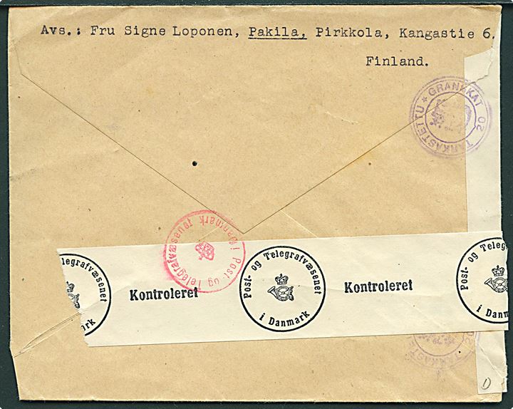 50 pen. Løve og 5 mk. på luftpostbrev fra Pakila d. 18.6.1943 til Jægerspris, Danmark. Åbnet af både finsk og dansk censur.