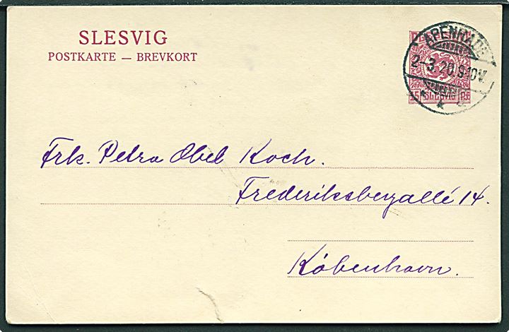 15 pfg. Fælles udg. helsagsbrevkort stemplet Apenrade **a d. 2.3.1920 til København. Lille rift. 
