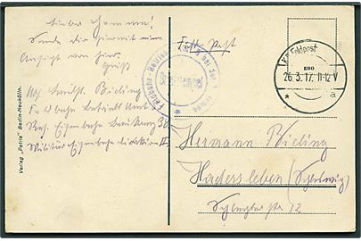Ufrankeret feltpostkort (Bahnhof von Barancourt) stemplet K.D.Feldpost a d. 26.3.1917 til Haderslev. Briefstempel: Feldbahn Betreibs-Amt 5 bei der 5 Armee. 