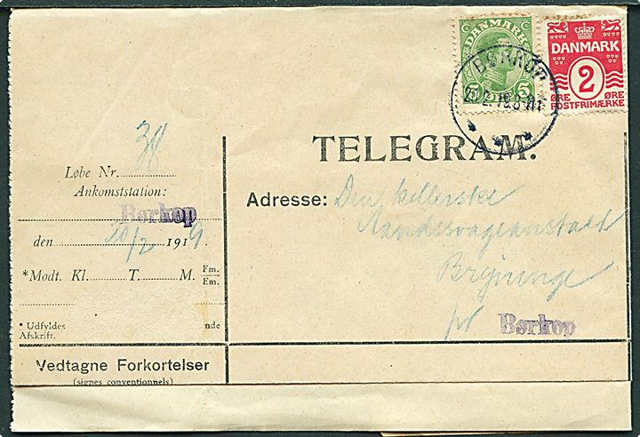 De danske Statsbaner telegramformular med meddelelse fra Gjedsted frankeret med 2 øre Bølgelinie og 5 øre Chr. X og sendt som 7 øre lokalbrev fra Børkop d. 20.2.1919 til Aandssvageanstalten i Brejninge pr. Børkop.