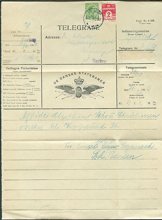 De danske Statsbaner telegramformular med meddelelse fra Gjedsted frankeret med 2 øre Bølgelinie og 5 øre Chr. X og sendt som 7 øre lokalbrev fra Børkop d. 20.2.1919 til Aandssvageanstalten i Brejninge pr. Børkop.