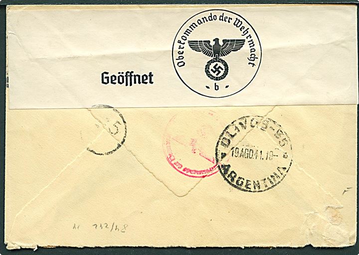 20 øre Karavel (2) på brev fra Vejle d. 14.6.1941 til Olivos, Argentina. Åbnet af tysk censur i Berlin. Ank.stemplet Olivos d. 19.8.1941.