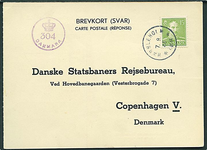 15 øre Chr. X på svarbrevkort annulleret med svensk stempel i Hässleholm d. 7.9.1945 til København, Danmark. Dansk efterkrigscensur (krone)/304/Danmark.