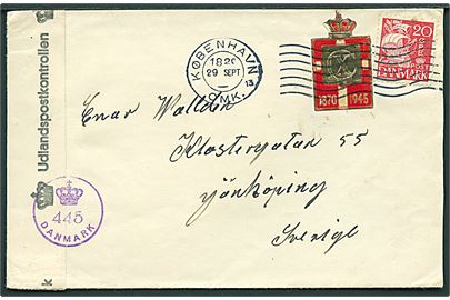 20 øre Karavel og Chr. X 75 år mærkat på brev fra København d. 29.9.1945 (uden årstal) til Jönköping, Sverige. Åbnet af dansk efterkrigscensur (krone)/445/Danmark.