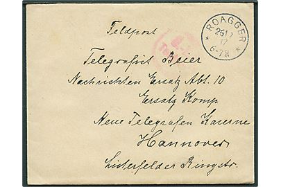 Ufrankeret feltpostbrev stemplet Roagger d. 26.7.1917 til telegrafist i Nachrichten Ersatz Abt. 10 i Hannover. Svagt censurstempel Ü.-K. Tondern. Fuldt indhold.