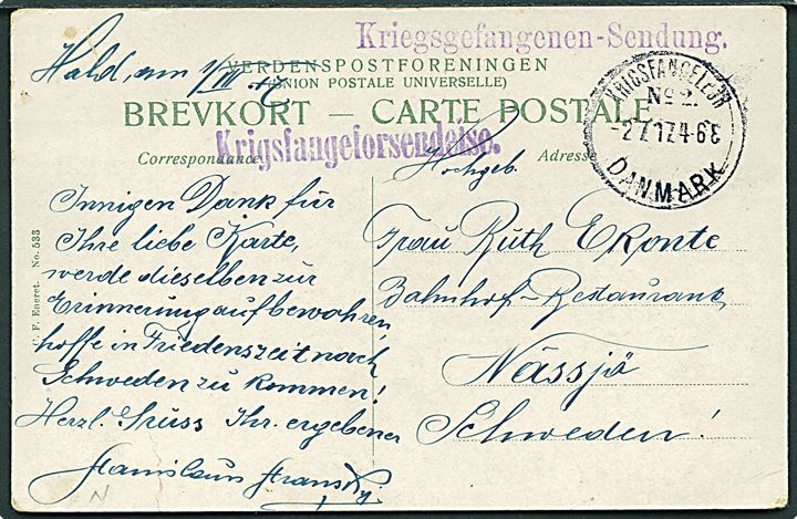 Ufrankeret krigsfangebrevkort med brotype IIIb Krigsfangelejr No. 2 Danmark d. 2.7.1917 til Nässjö, Sverige.