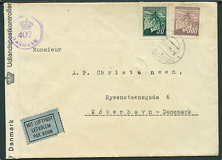 50 h. og 300 h. på luftpostbrev fra Strakonice d. 14.9.1945 til København, Danmark. Åbnet af dansk efterkrigscensur (krone)/407/Danmark.