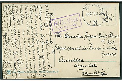 Ufrankeret krigsfangebrevkort fra Kjøbenhavn d. 24.6.1918 til sønderjysk krigsfange i særlejr Aurillac i Frankrig. Violet censurstempel.